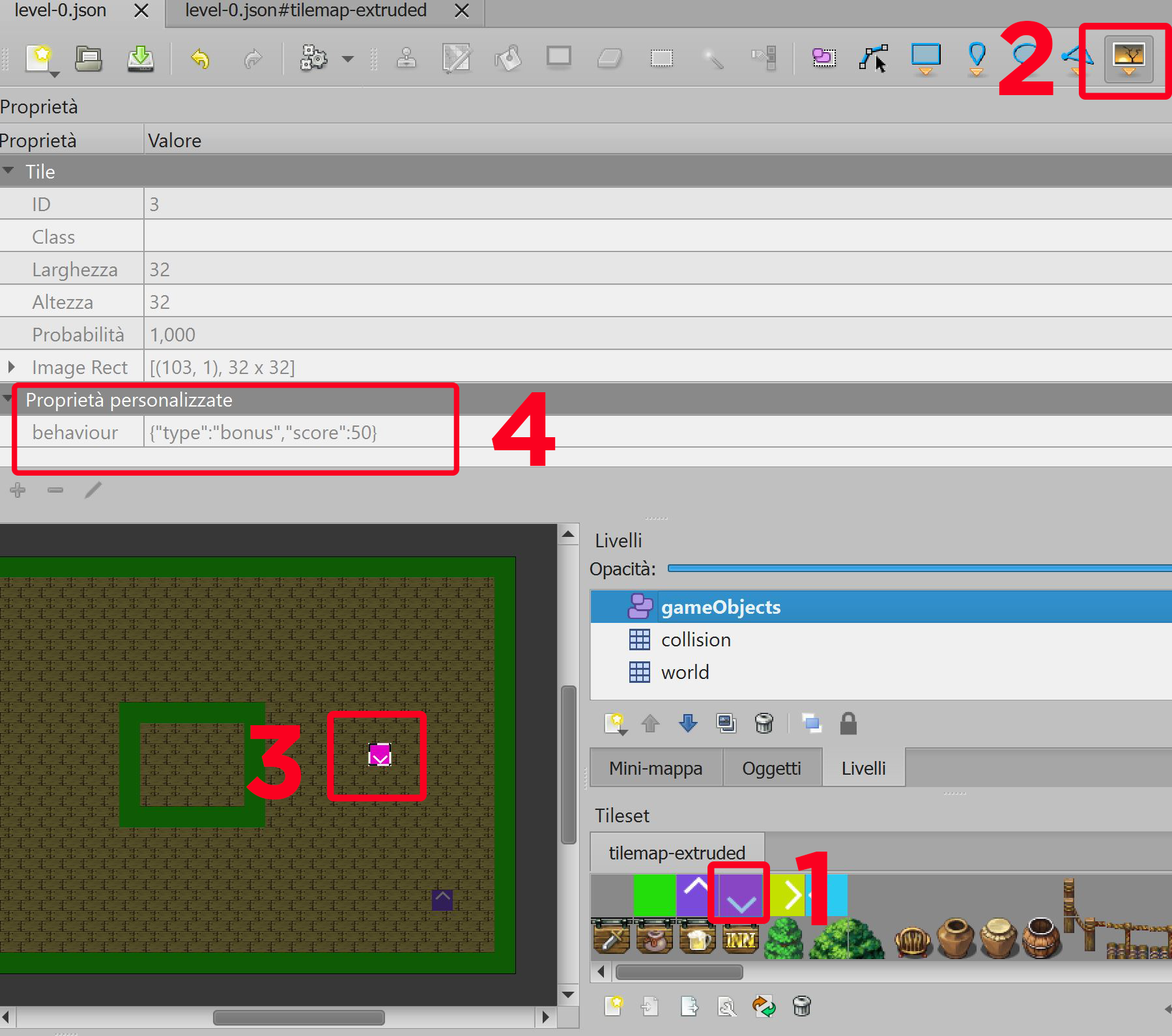 Valore JSON per behaviour e tile posizionate sulla mappa