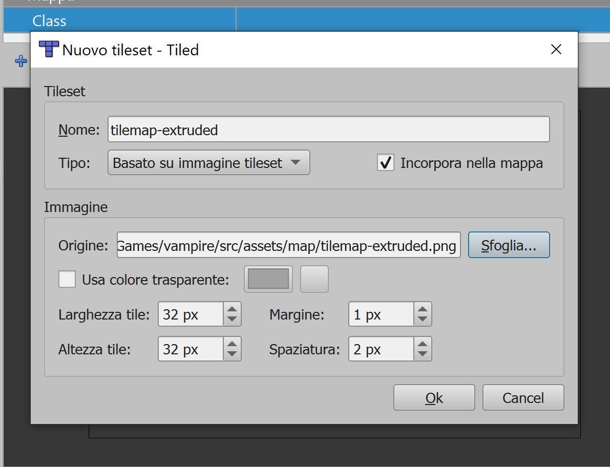 Impostazioni margine e spaziatura nel dialog del tileset